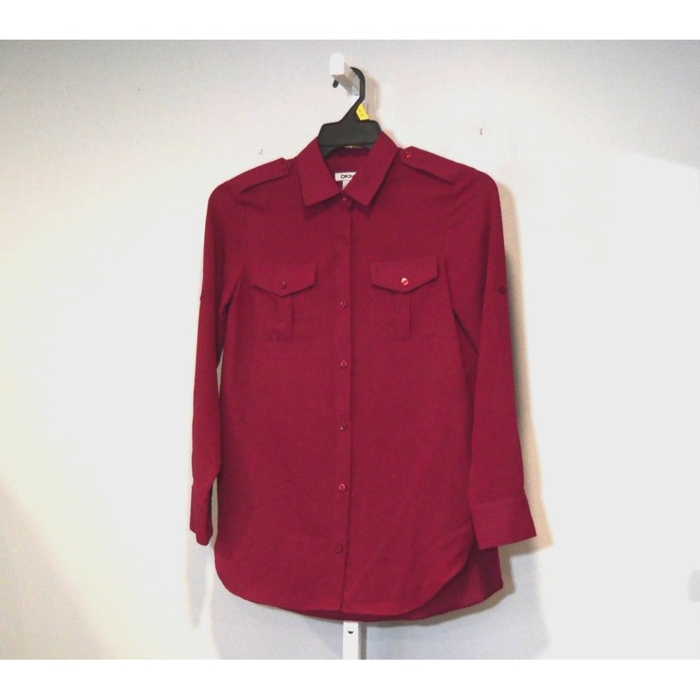 DKNY Size XS Sheer Burgundy Button Up Blouse Long Sleeve 2 Front Pockets